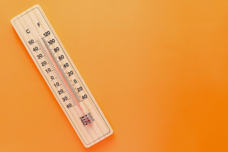 An image depicting a thermostat with rising temperature in front of an orange background. Pest activity During Extreme heat.